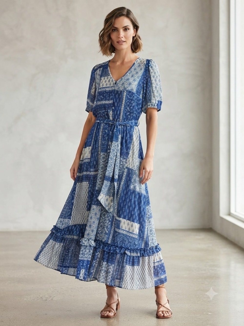 Calvin Klein Blue Patchwork Print Maxi Dress Size 14